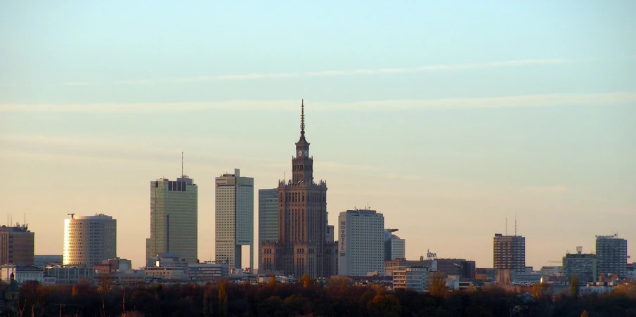 a skyline view of a city with a very tall building