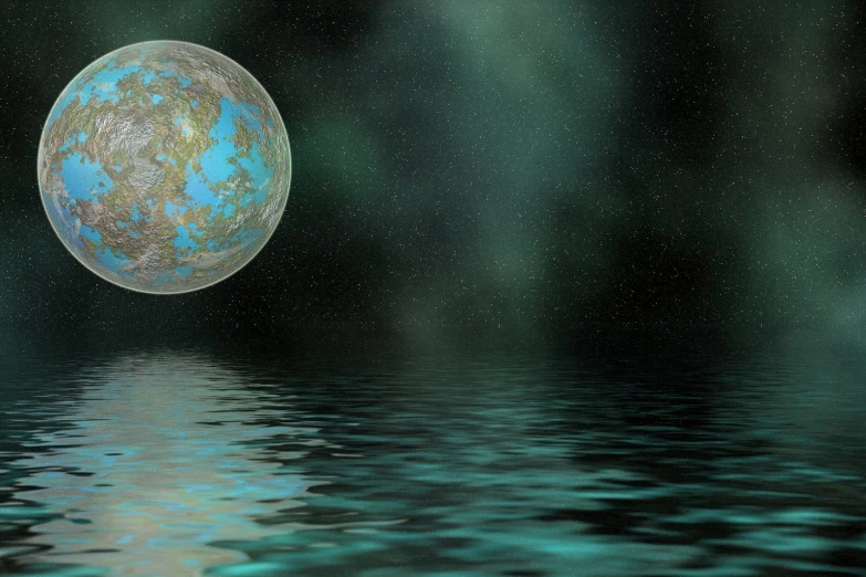 an orb of blue marble with bubbles in the middle of a body of water