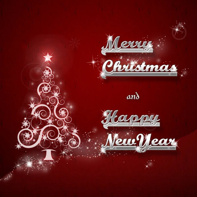 merry christmas and new year greetings with white tree on a red background