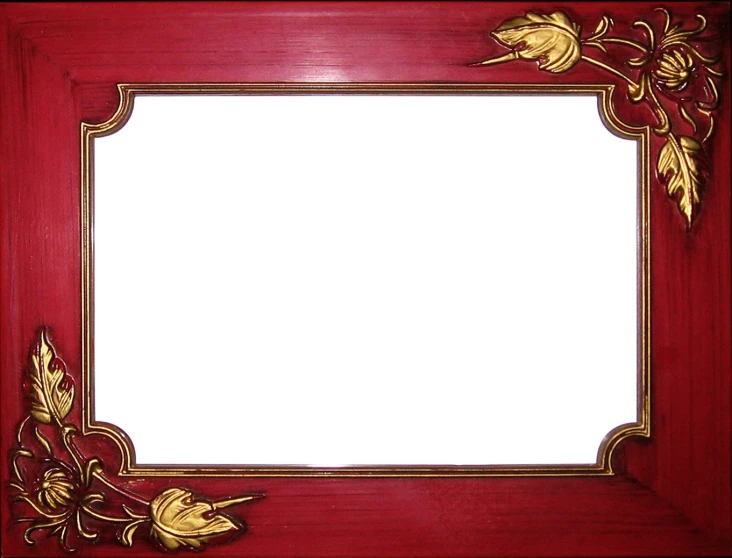 a red po frame with gold trimmings and leaves