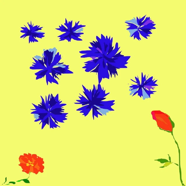 a painting of several flowers with some blue