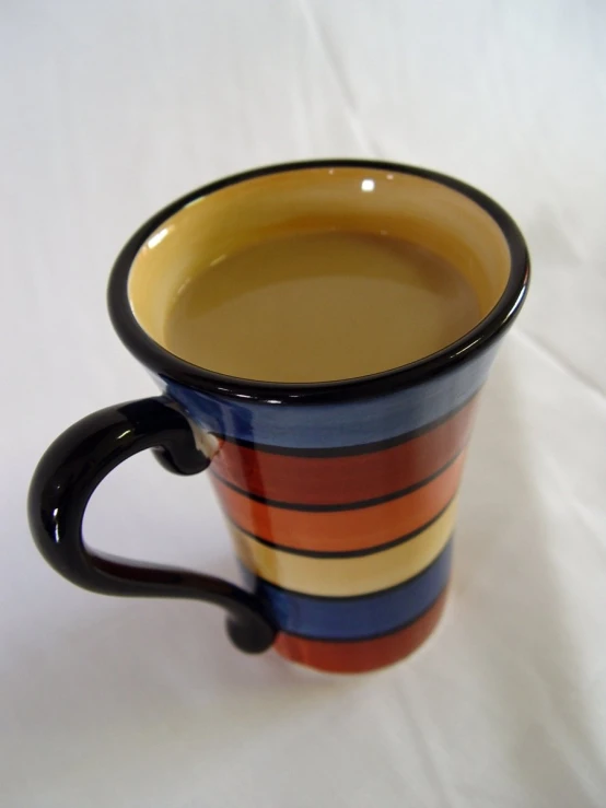 the coffee mug is multicolored with different patterns