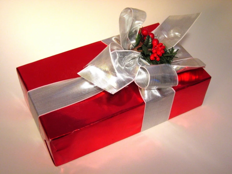 a red box with silver ribbon and some red berries