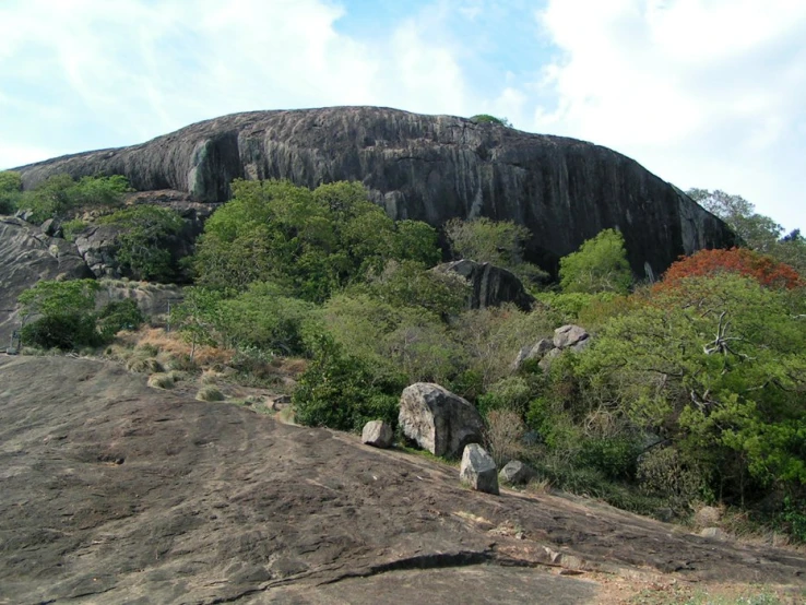 an elephant is standing next to some big rocks