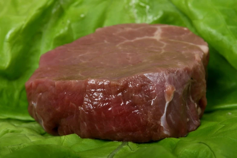a piece of steak sitting on some lettuce