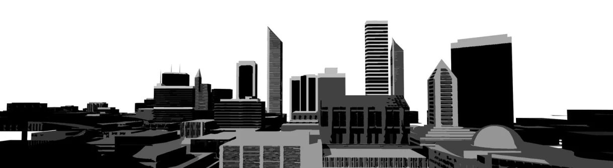 black and white drawing of a cityscape