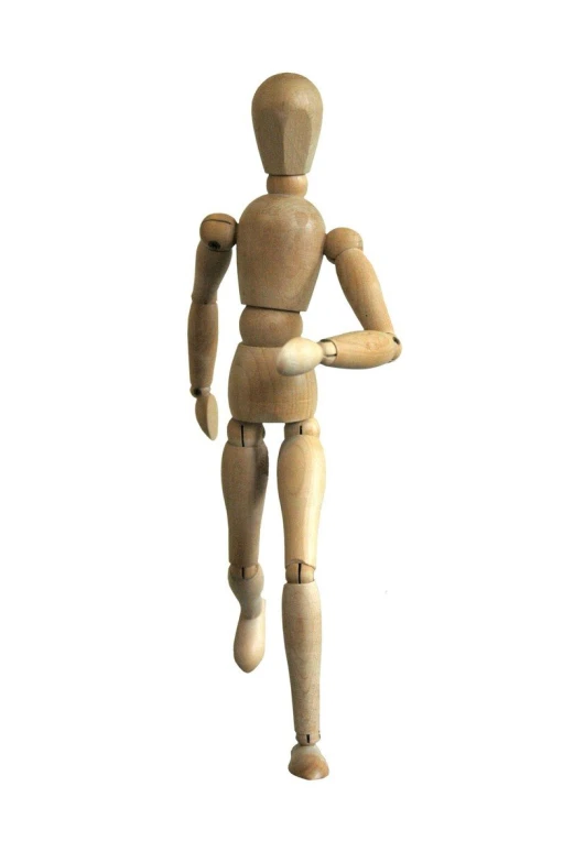 an animated wooden man running with no shoes