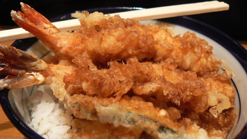 rice and meat in a bowl with chop sticks