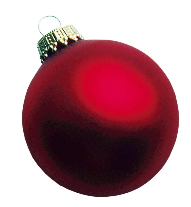 red ball ornament on a white background with green string