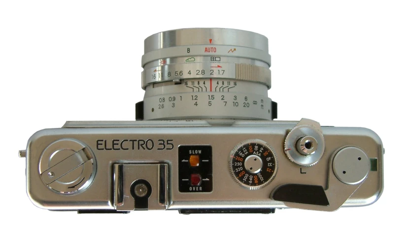a silver electronic camera on white with clippings