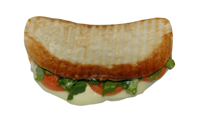a cut up sandwich is displayed on the white surface