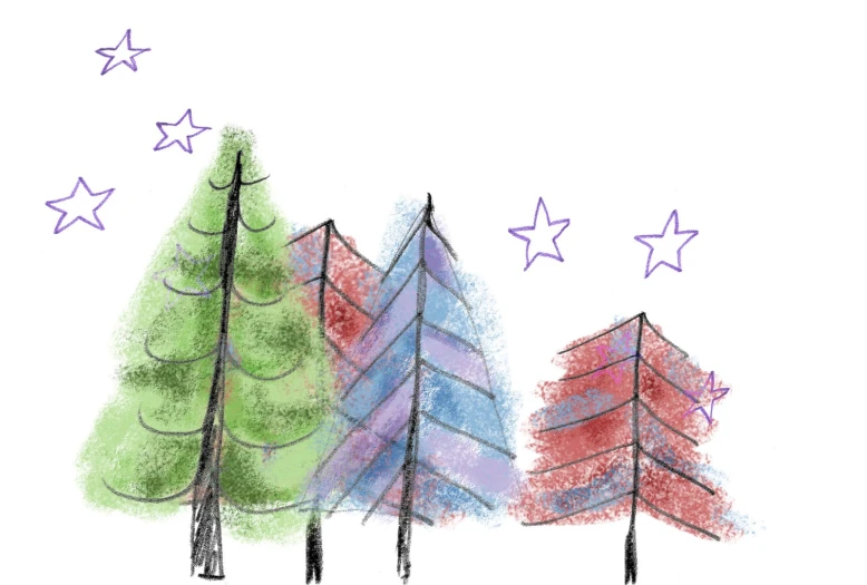 a hand drawn drawing of trees with stars in the background