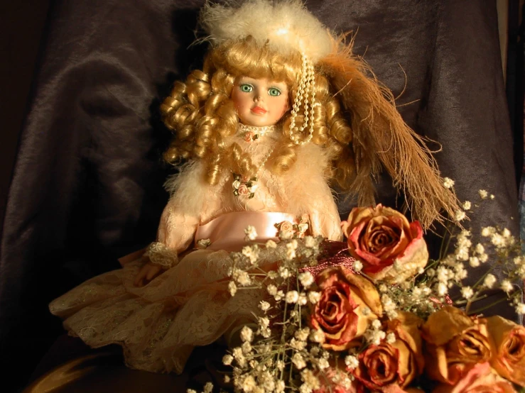 a close up of a doll next to a flower arrangement