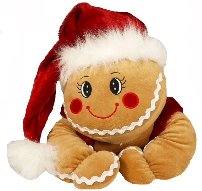 a plush gingerbread in a santa hat