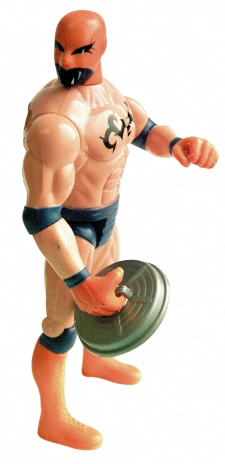 a cartoon figurine in wrestling gear is throwing the same disc