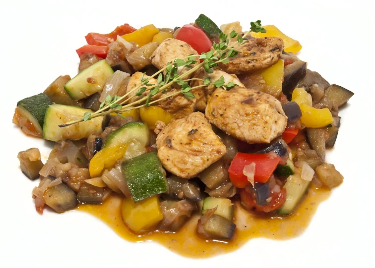 chicken in a stir fry with vegetables and sauce