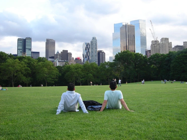 two people sitting on the grass near a city