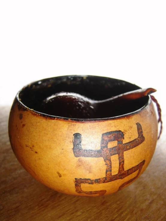 a bowl is sitting on the table with a handle