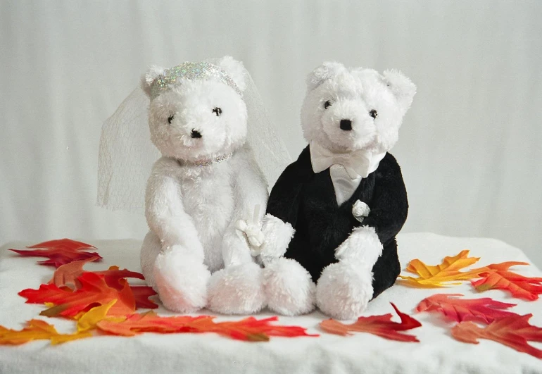 two white teddy bears dressed up with leaves