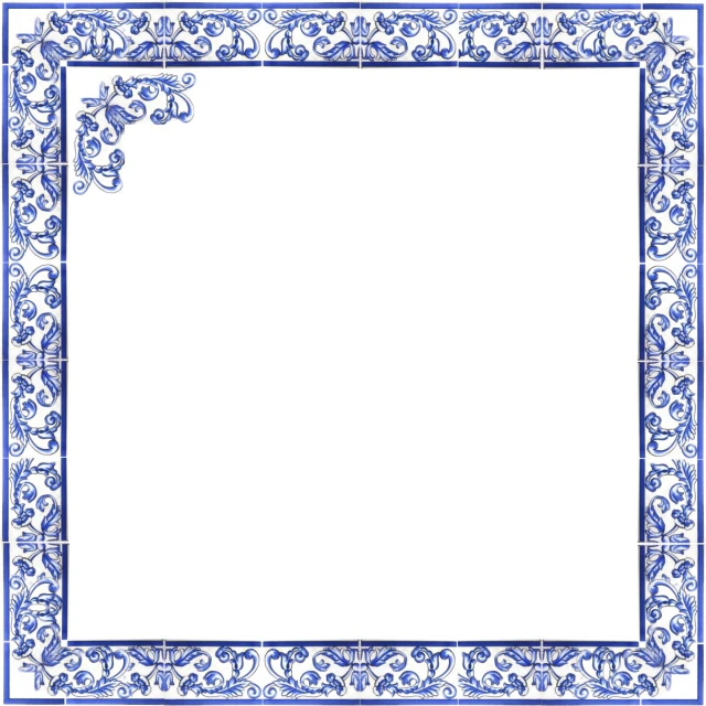 an intricate, floral border with blue and white trim