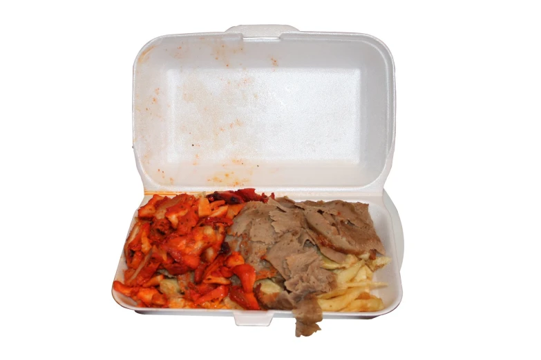 a plastic container filled with meat and vegetables