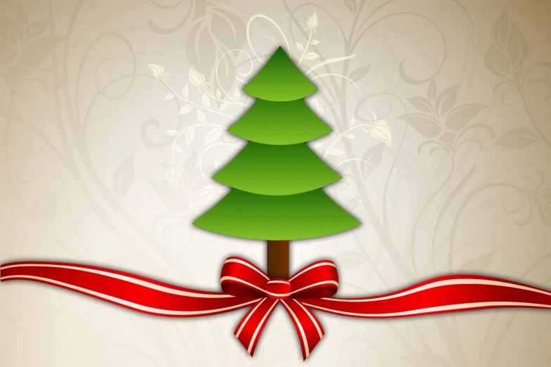 christmas card with a ribbon and tree on it