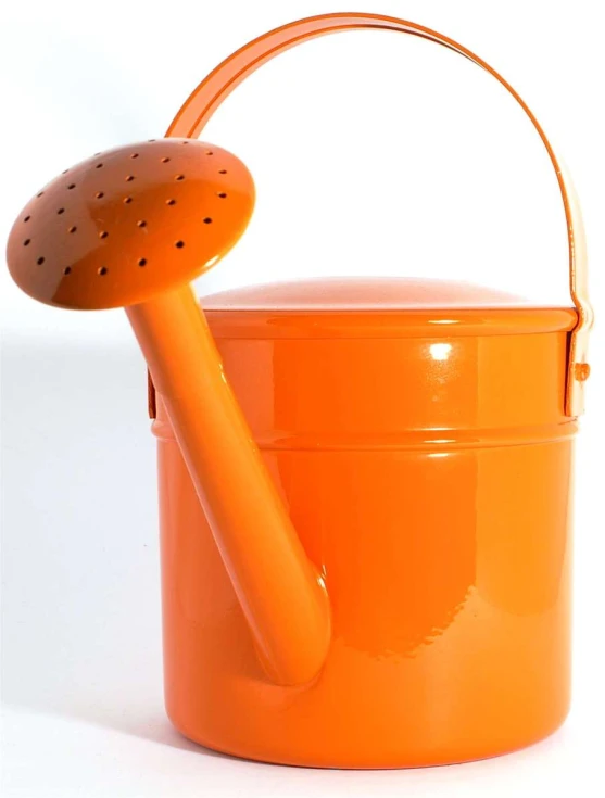 an orange watering can with a matching watering hose