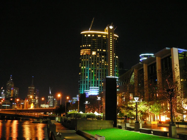 a night time view of a city at night