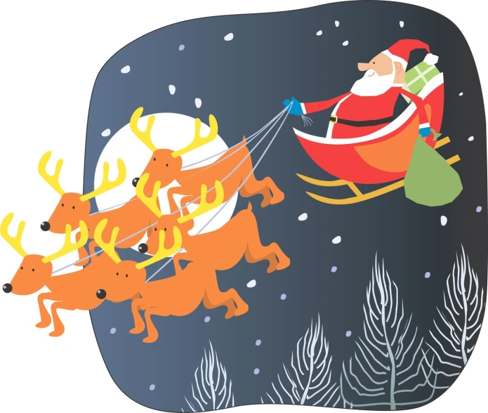 a santa claus sleigh with reindeers flying through the air