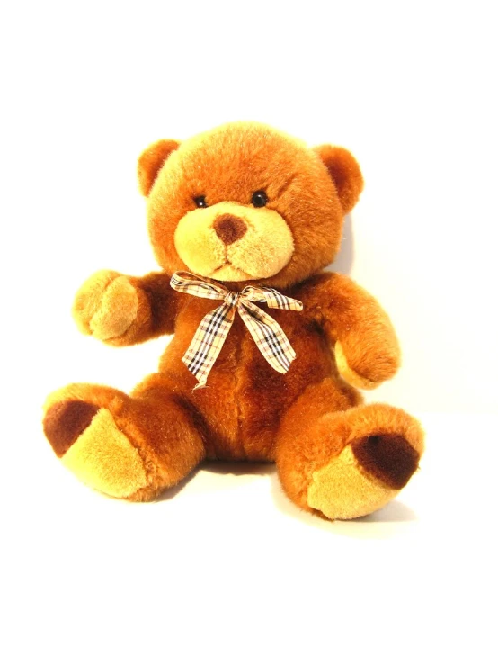 a small brown teddy bear is posed on the white floor