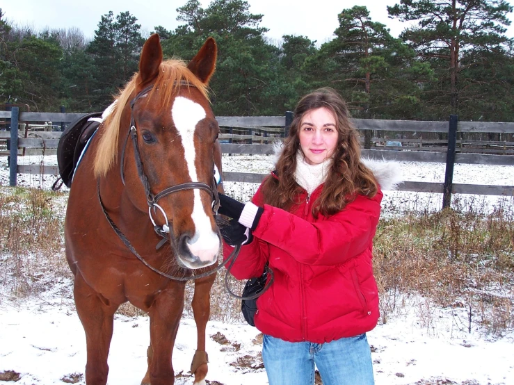 a woman standing next to a brown horse on a snowy ground