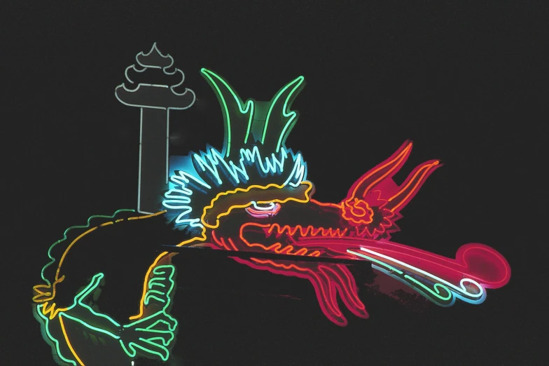 a black background with neon lights over a dragon