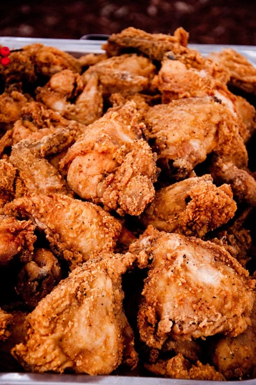 a bowl of fried chicken with parsley on it