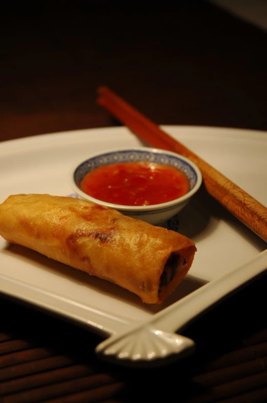 a plate filled with meat spring rolls and a bowl of sauce