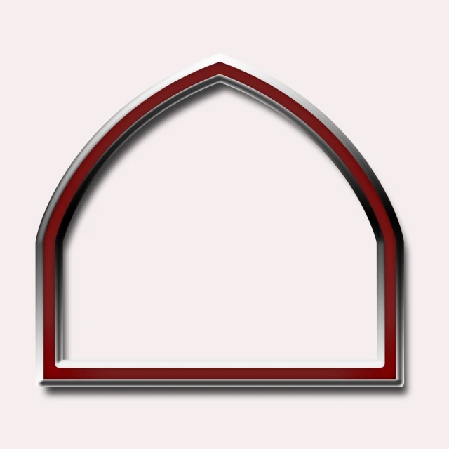 an arched window with a red trim and glass