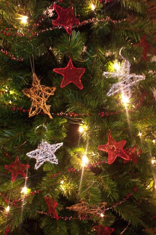 star shaped ornaments decorate a brightly lit christmas tree