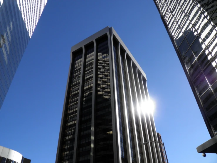 sunlight shines down on skyscrs in an urban city