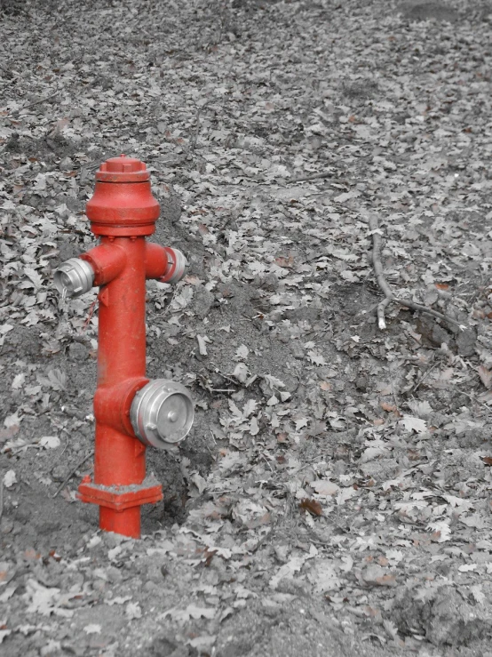 red fire hydrant in the middle of rocky ground