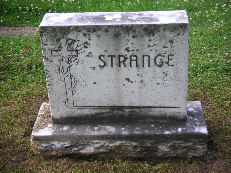 an old grave sitting in a green cemetery