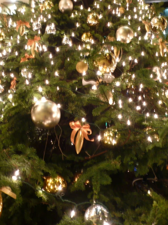 a very lighted christmas tree with gold and white decorations