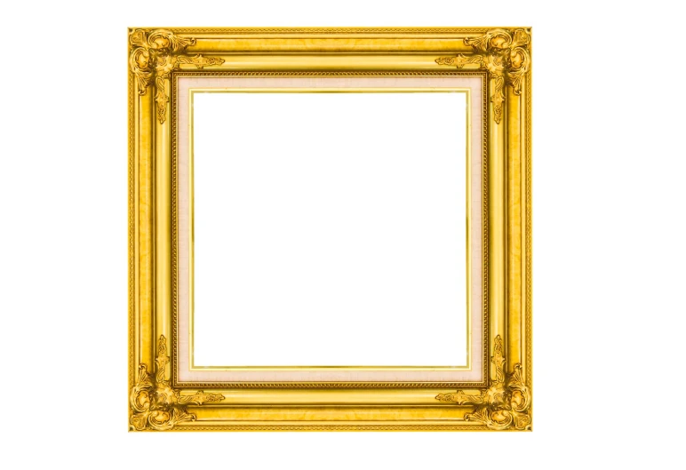 an empty golden frame on white with a light reflection