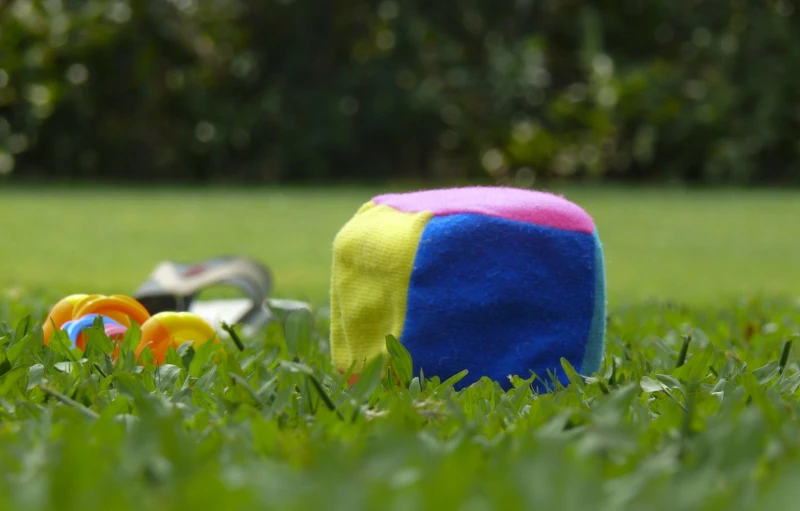 a stuffed toy and a set of toys are lying in the grass