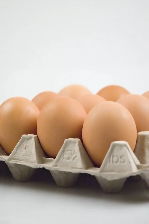 five brown eggs in a carton on a white surface