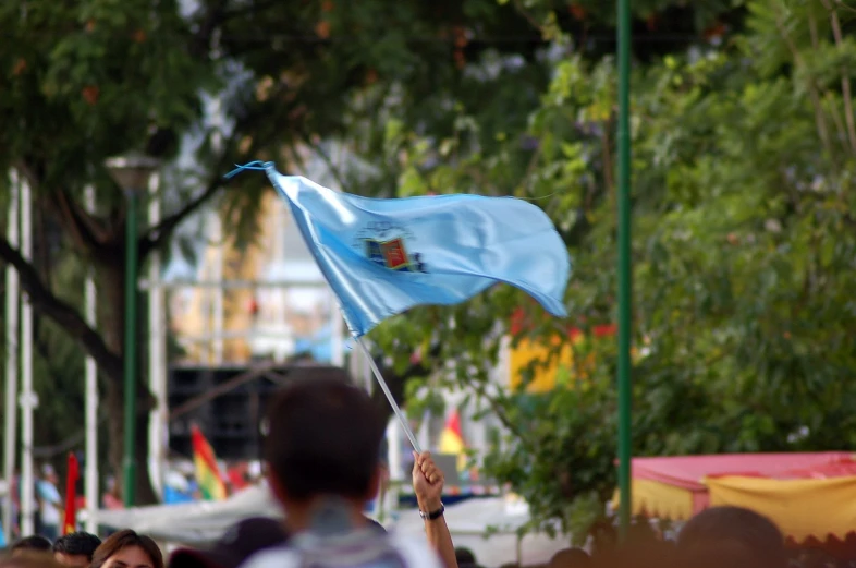 a group of people who are standing with a flag