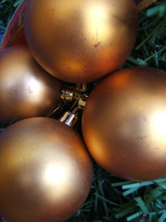 five shiny brown ornaments are set on grass