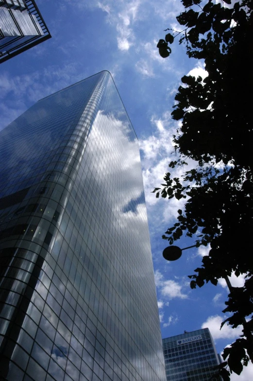 the clouds and the trees are reflected in the windows of a skyscr