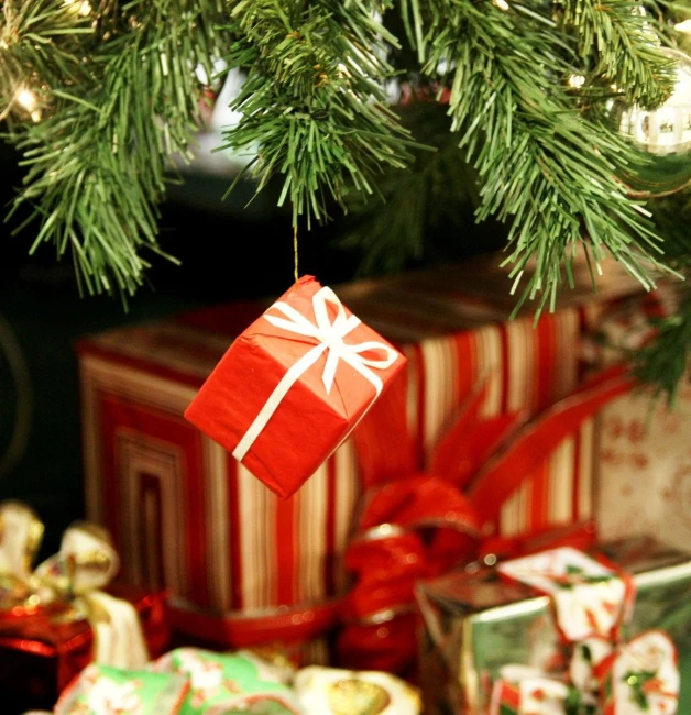 red present wrapped in a white bow on top of christmas presents under a tree