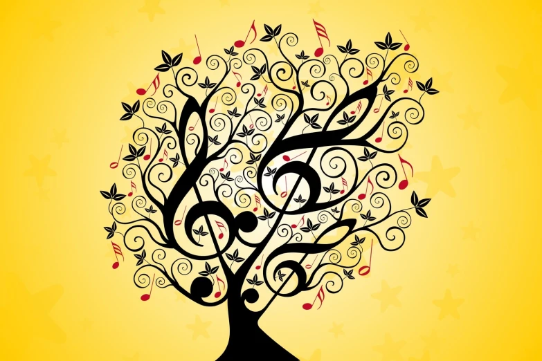 a tree filled with musical notes on top of a yellow background