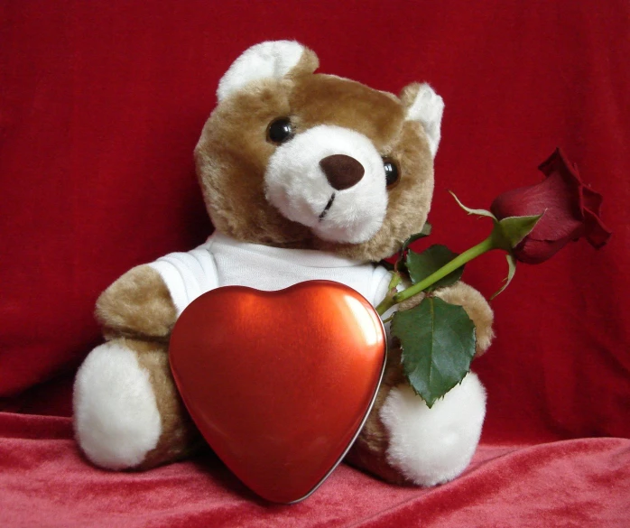 a brown teddy bear holding a red heart and a rose