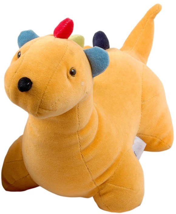 a toy stuffed animal that is yellow with blue, red and orange horns